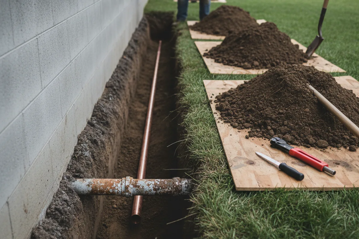 Excavated water line trench during Water Heater Repair in Adell